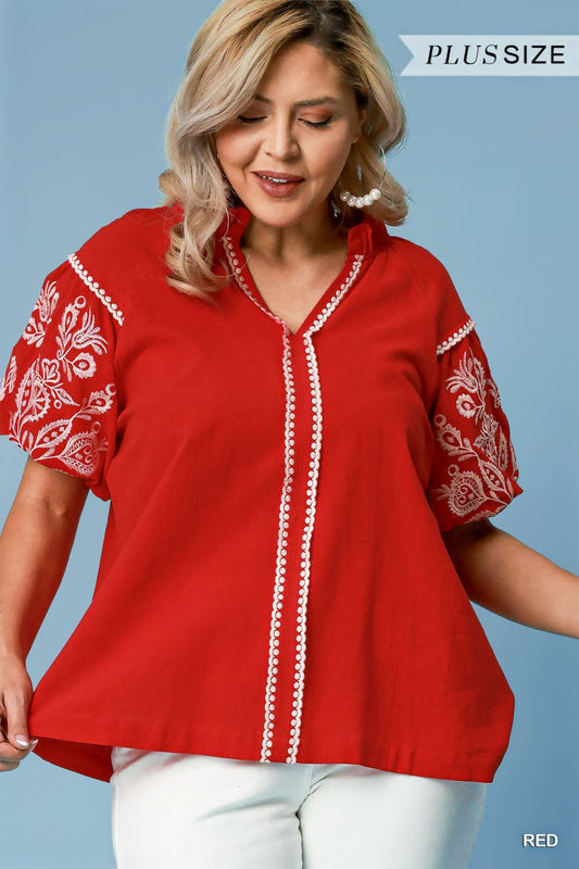 Plus Red Embroidered Puff Sleeve Blouse