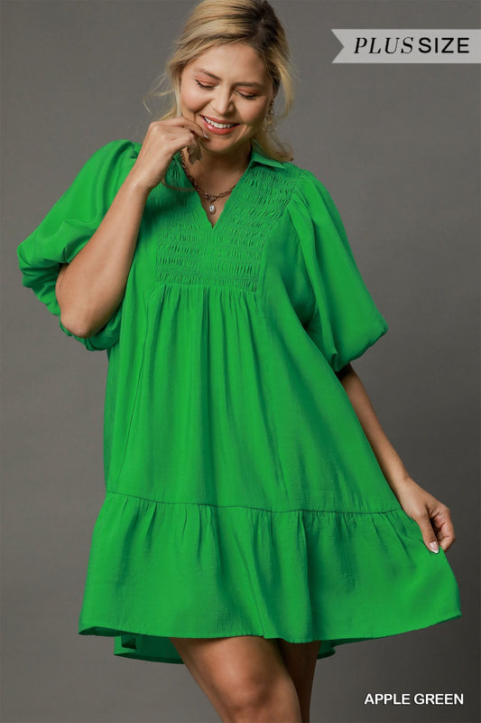Plus Apple Green Smocked Babydoll Tiered Dress