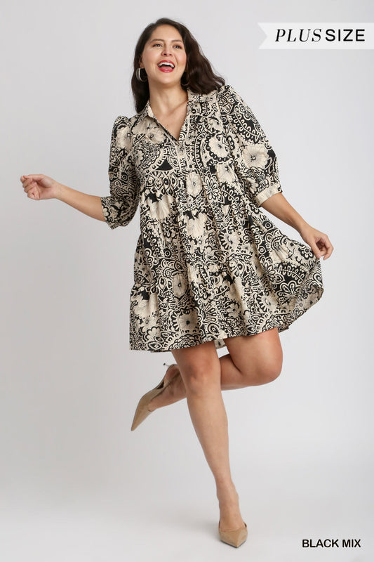 Plus Two Tone Print A-Line Tiered Dress with 3/4 Sleeve & Piping