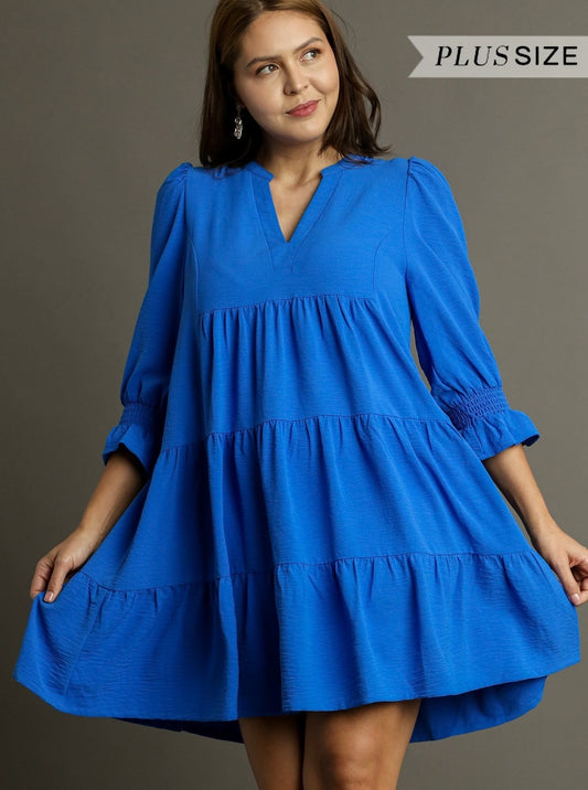 Plus Woven Tiered Split Neck Dress with Smocking Sleeves & Side Pockets