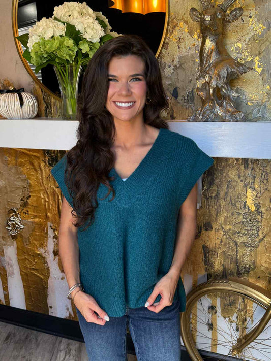 Teal Oversize Sweater Vest With Side Slit