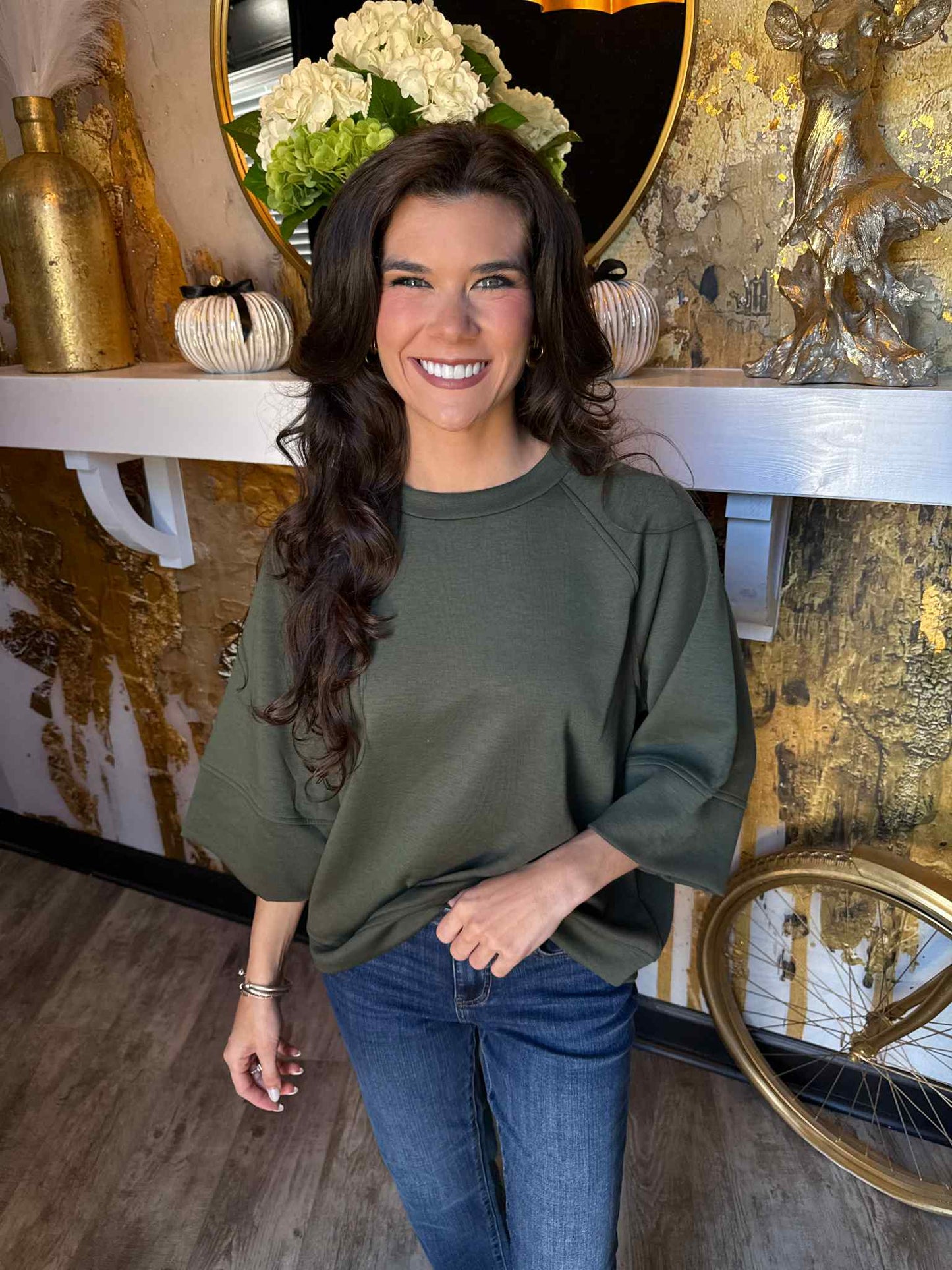 Dark Olive Scuba 3/4 Sleeve Pullover