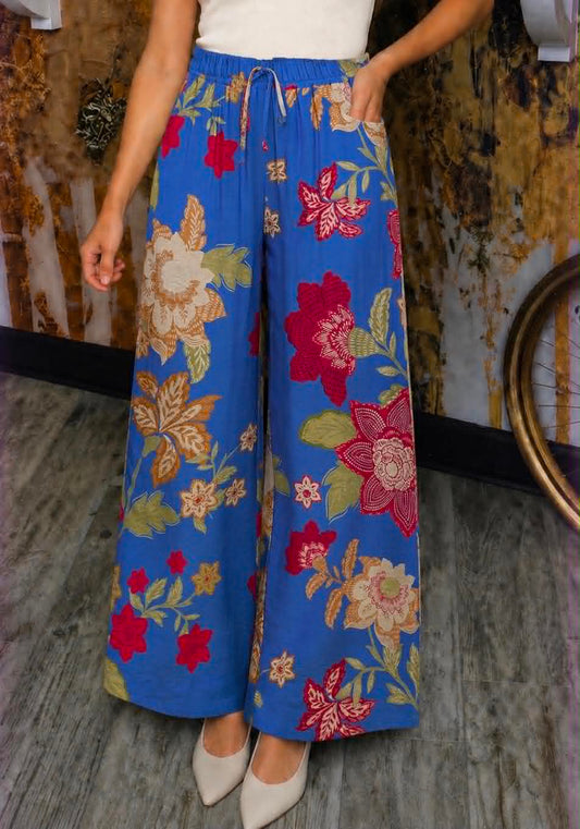 Blue Floral Print Wide Leg Crop Pants