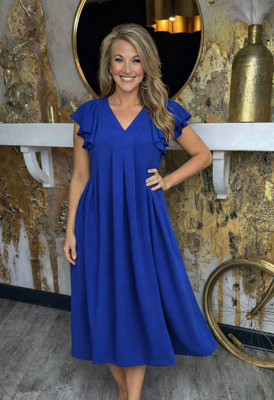 Royal Blue Ruffle Sleeve V-Neck Midi Dress