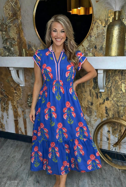 Blue Blossom Meadow Print Midi Dress