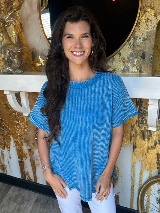 Ocean Blue Washed Waffle Rolled Up Short Sleeve Top