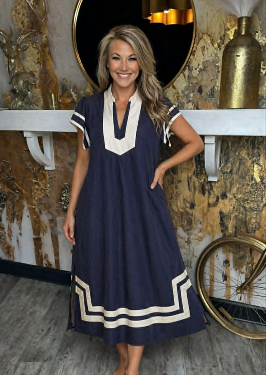 Navy Linen Cotton Contrast Neckline Midi Dress