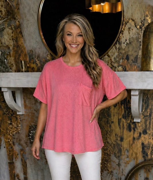 Plus Size Coral Corded Rib Short Sleeve Top
