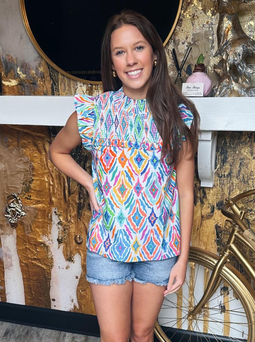 THML White Multi Print Mock Neck Smocked Yoke Ruffle Sleeve Top