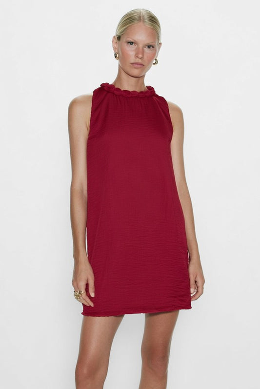 Red Holiday Neckline Accent Mini Shift Dress