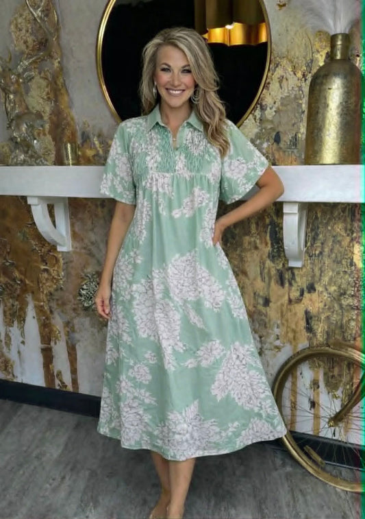 Sage Mix Floral Print Short Puff Sleeve Midi Dress