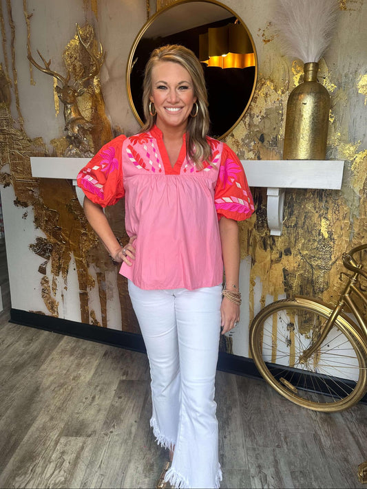 Pink Puff Sleeve Embroidered V-Neck Top