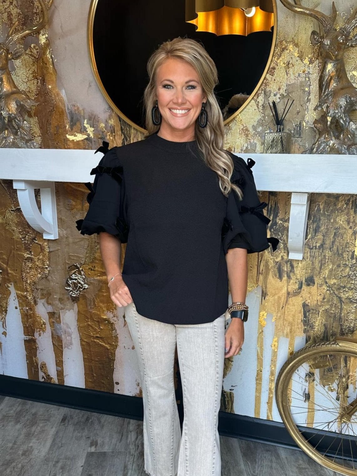 Puff Sleeve Velvet Bow Top