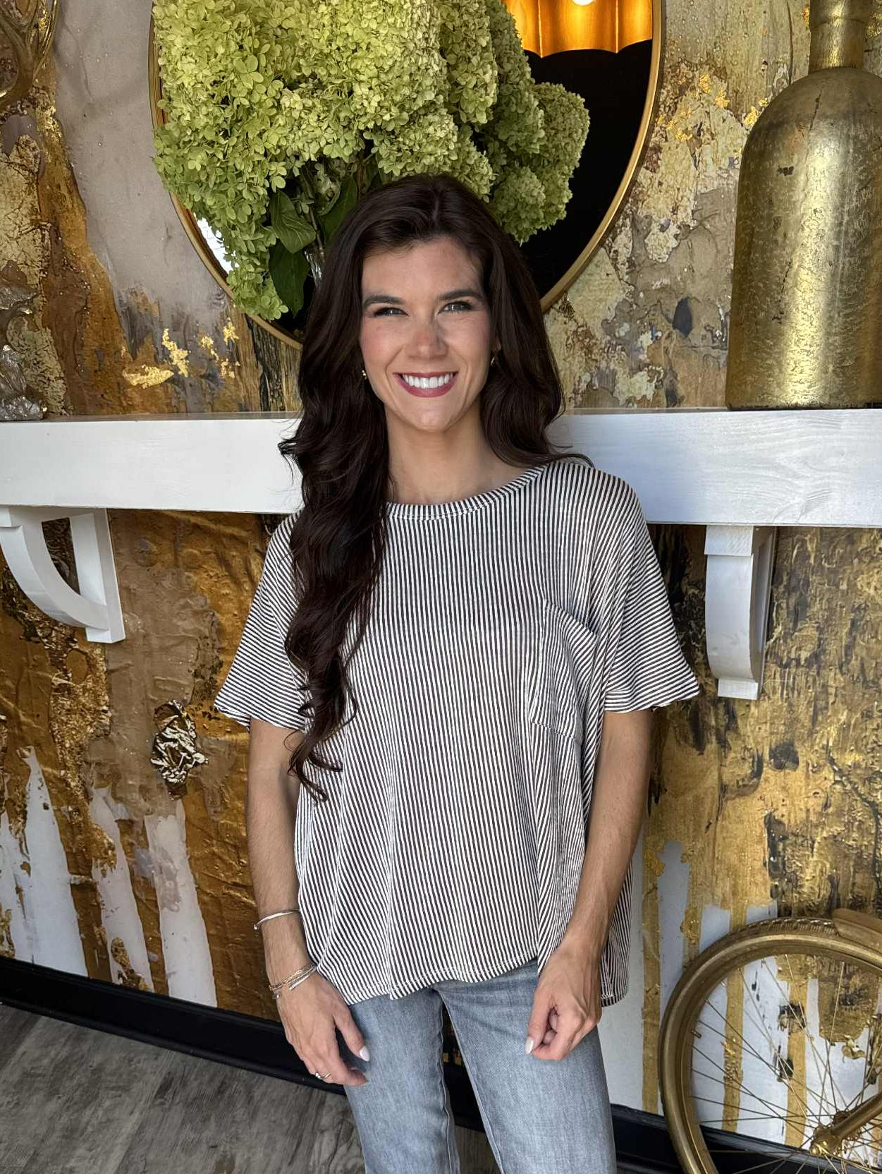 Brown Corded Rib Oversized Short Sleeve Top