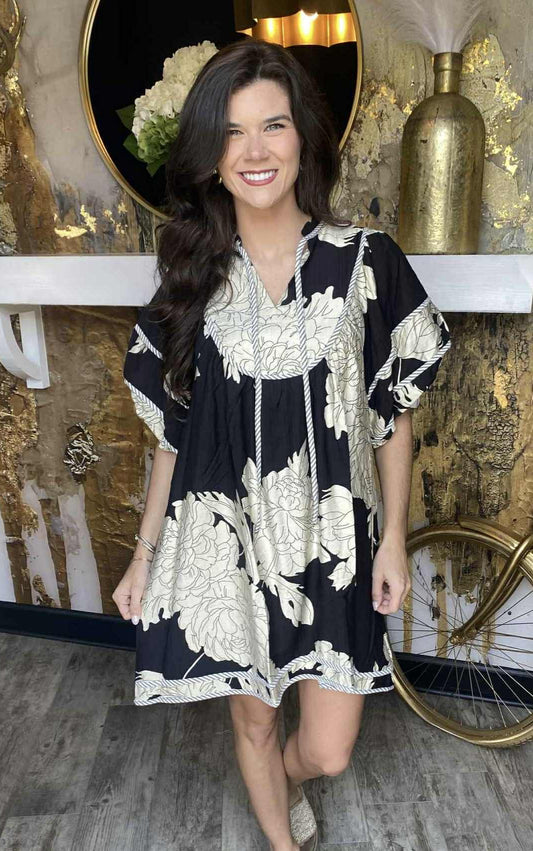 Black Mix Floral Print Babydoll Dress
