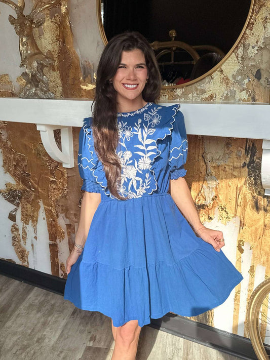 Blue Embroidered Round Neck Mini Dress