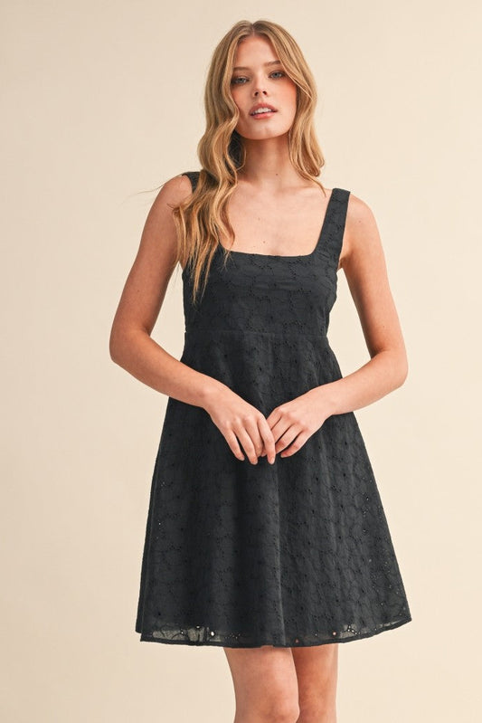 Black Eyelet Sleeveless Empire Flare Mini Dress