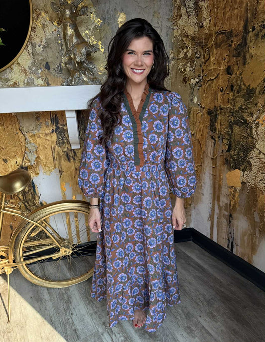 Brown Mix Floral Ruffle Midi Dress