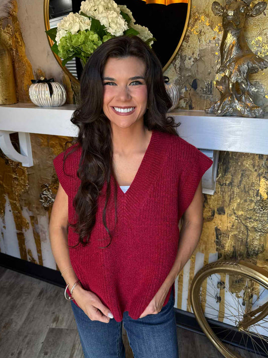 Dark Red Oversize Sweater Vest With Side Slit