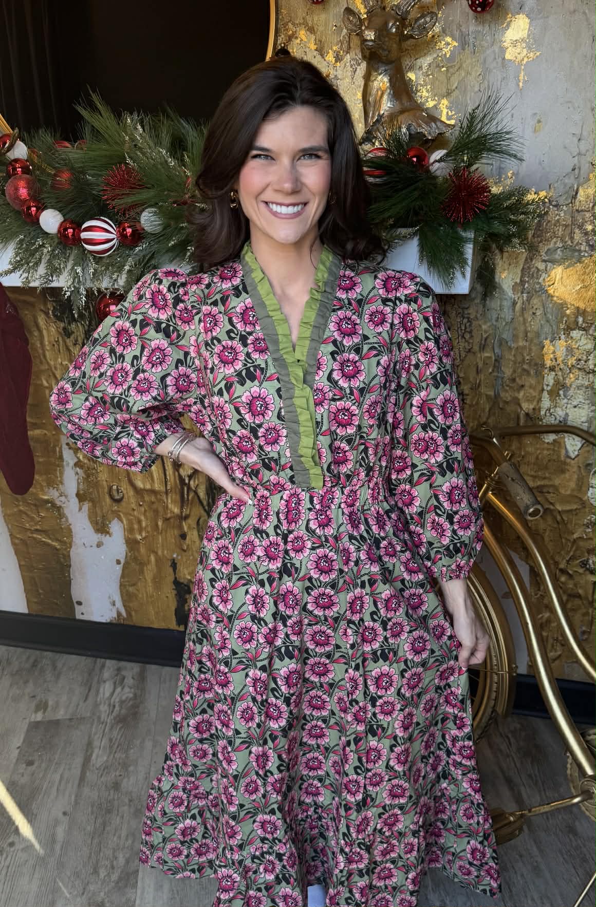 Sage Mix Floral Ruffle Midi Dress