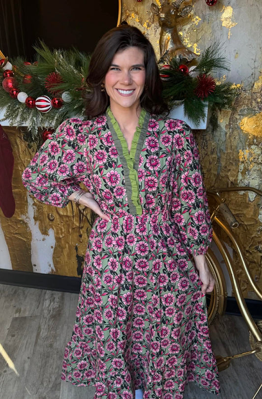 Sage Mix Floral Ruffle Midi Dress