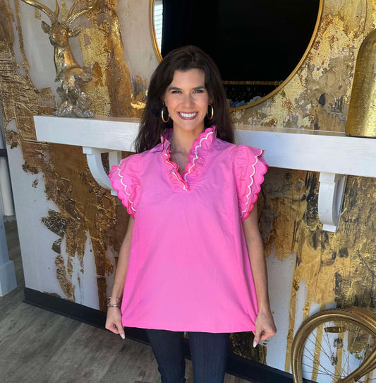 Pink Scalloped Neckline and Sleeved Top