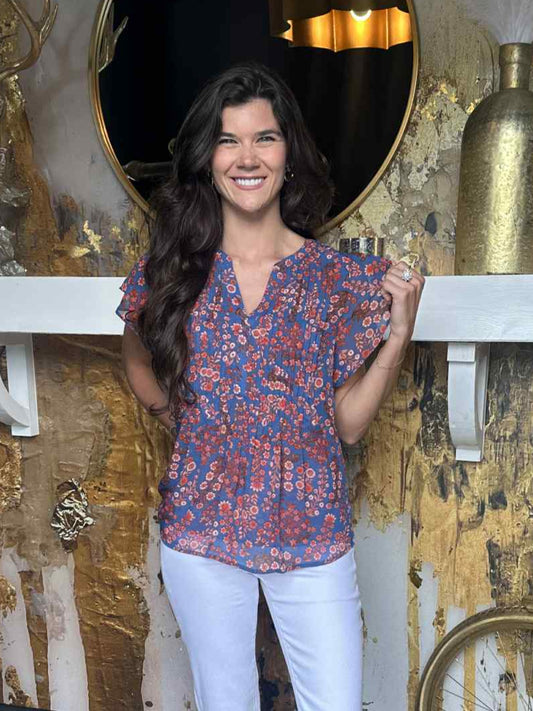Blue Liverpool Top With Dainty Pink Floral