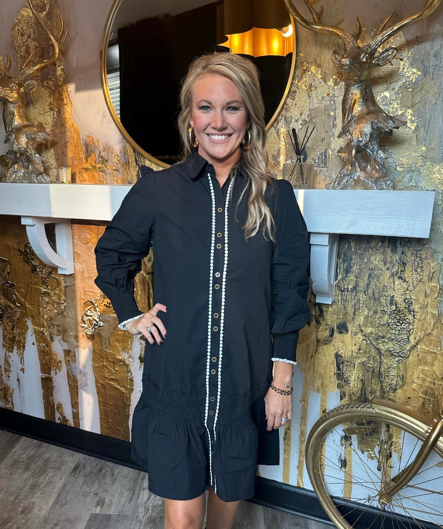 Black Poplin Button Up Dress with Contrast Trim