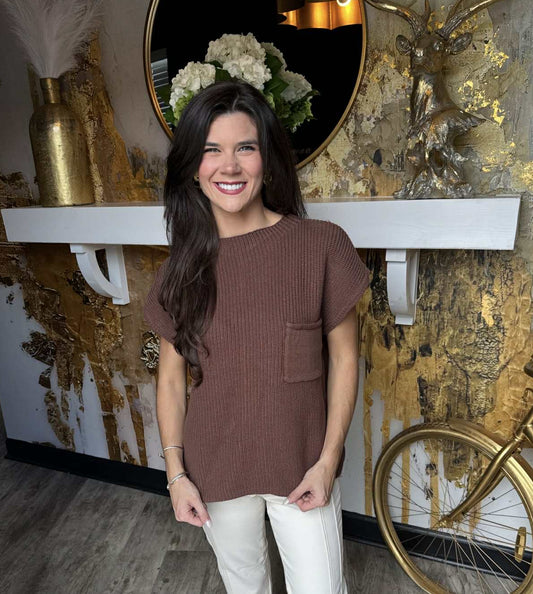 Brown Mock Neck Short Sleeve Sweater