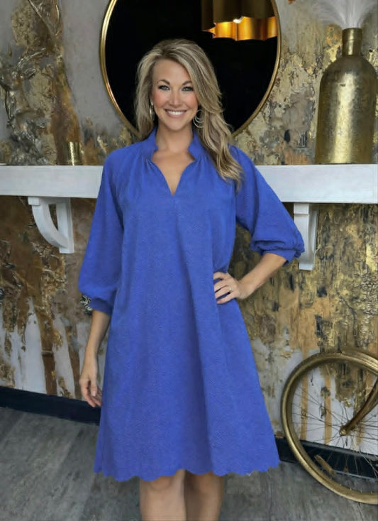 Blue Textured Pocket Mini Dress