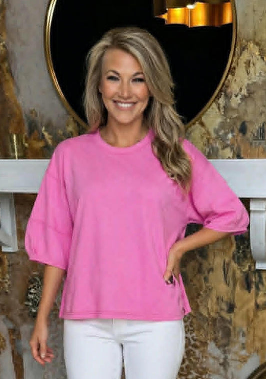 Candy Pink 3/4 Balloon Sleeve Top