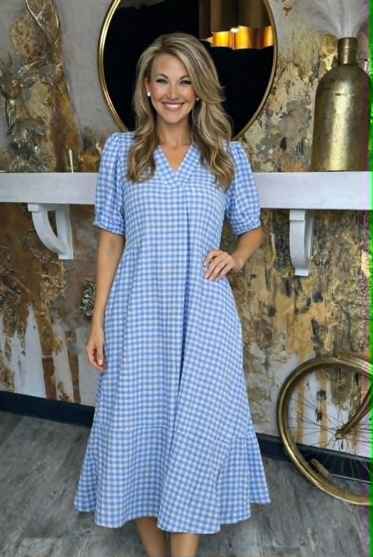 Blue Gingham Midi Dress