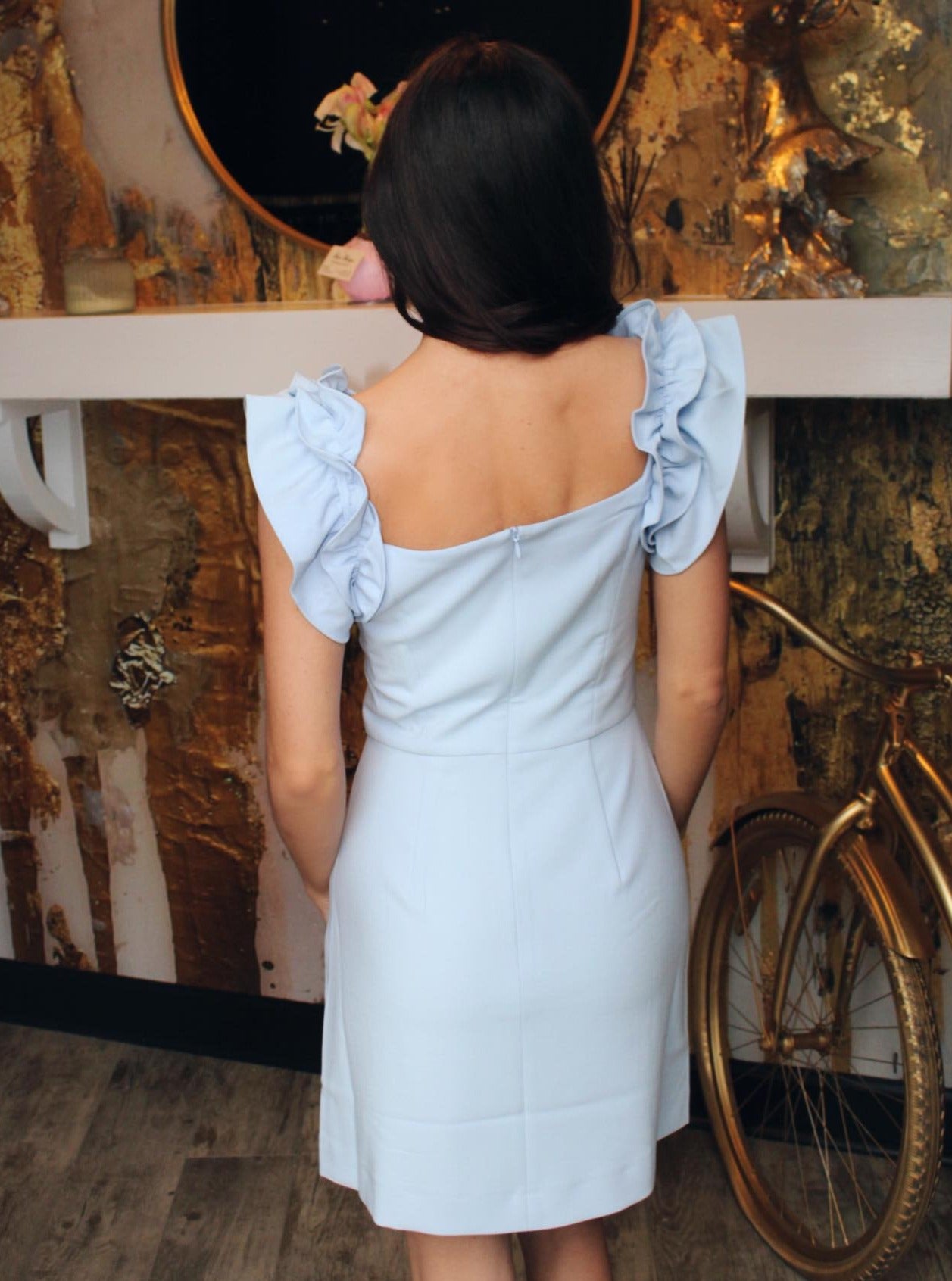 CASHMERE WHISPER RUFFLE SHOULDER DRESS