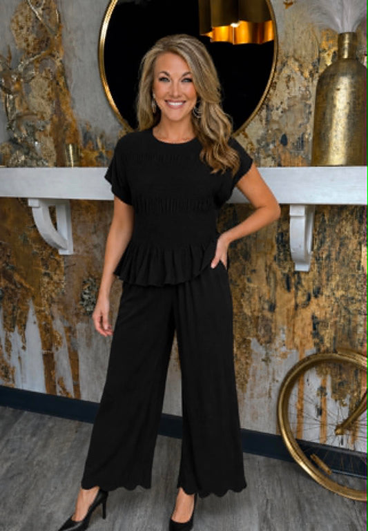 Black Linen Blend Smocked Peplum Set