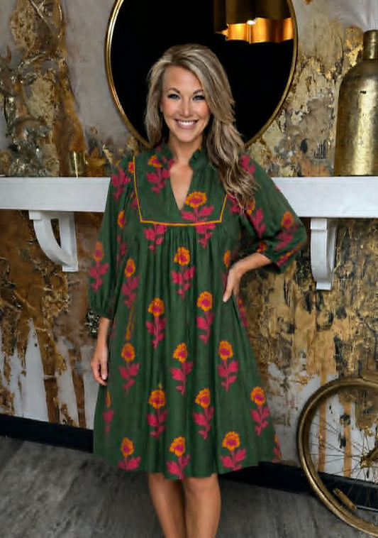Green Print Floral Print Babydoll Tunic Dress