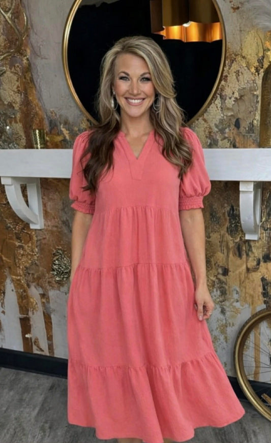 Coral Pink Solid V-Neck Tiered Midi Dress