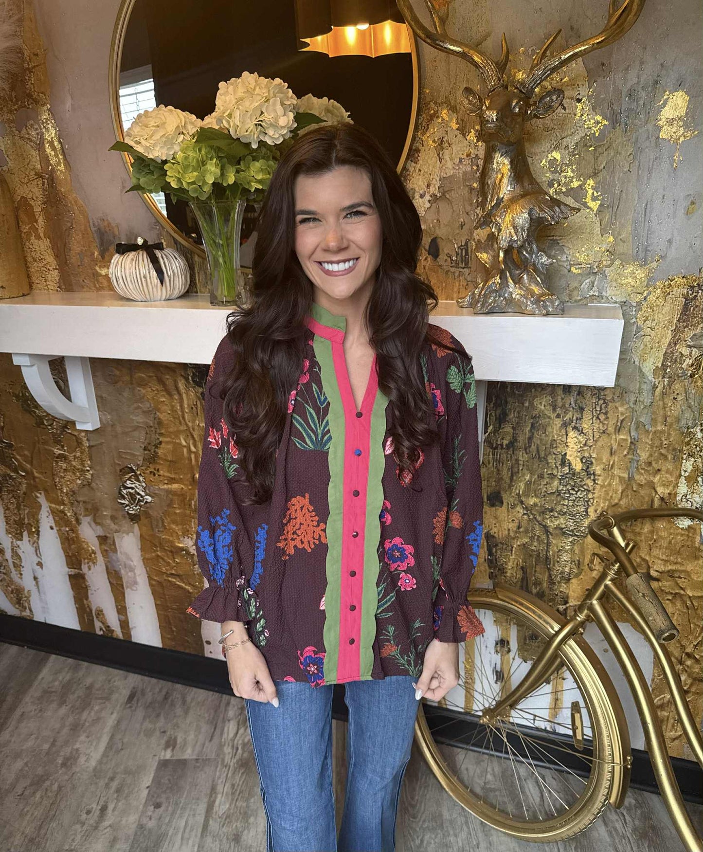 Red/Brown Mix Floral Textured Blouse with Scalloped Trim