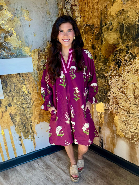 Plum Mix Floral Tunic Dress with Contrast Trim