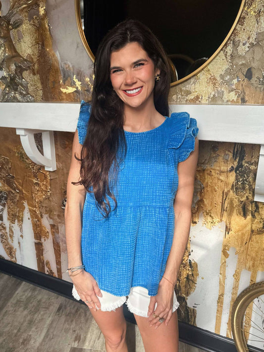 Ocean Blue Double Gauze Acid Washed Tiered Ruffle Peplum