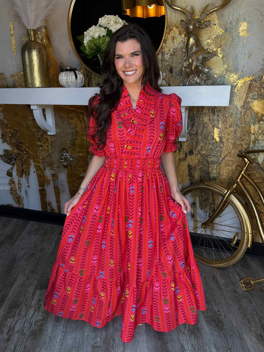 Red Mix Vibrant Ruffle Smocked Midi Dress
