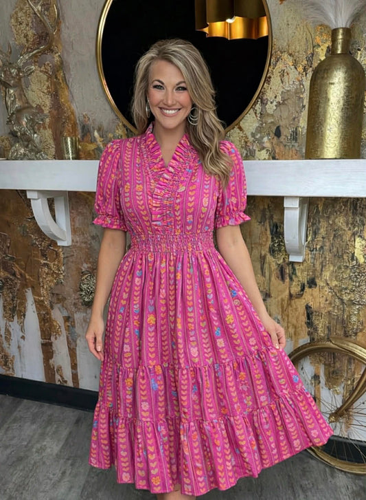 Peony Mix Vibrant Ruffle Smocked Midi Dress