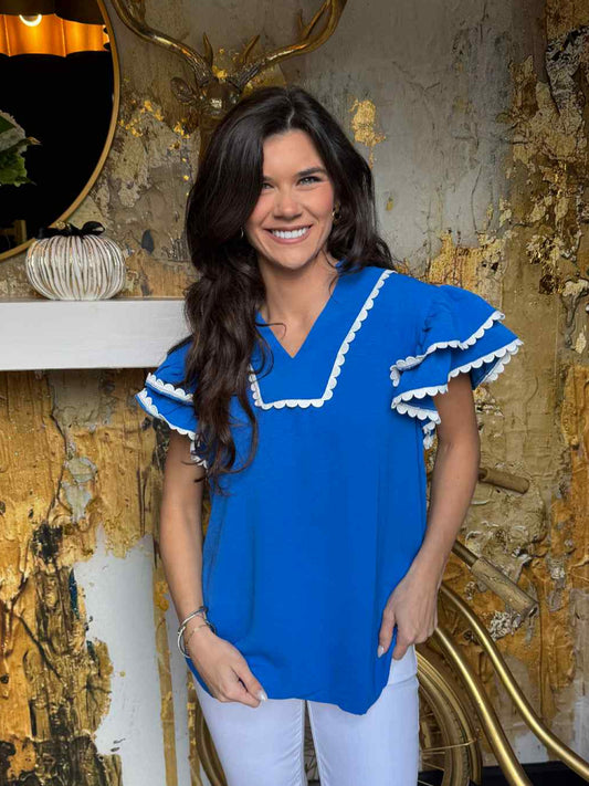 Blue & White Game Day Ruffle Sleeve Scallop Trim Top