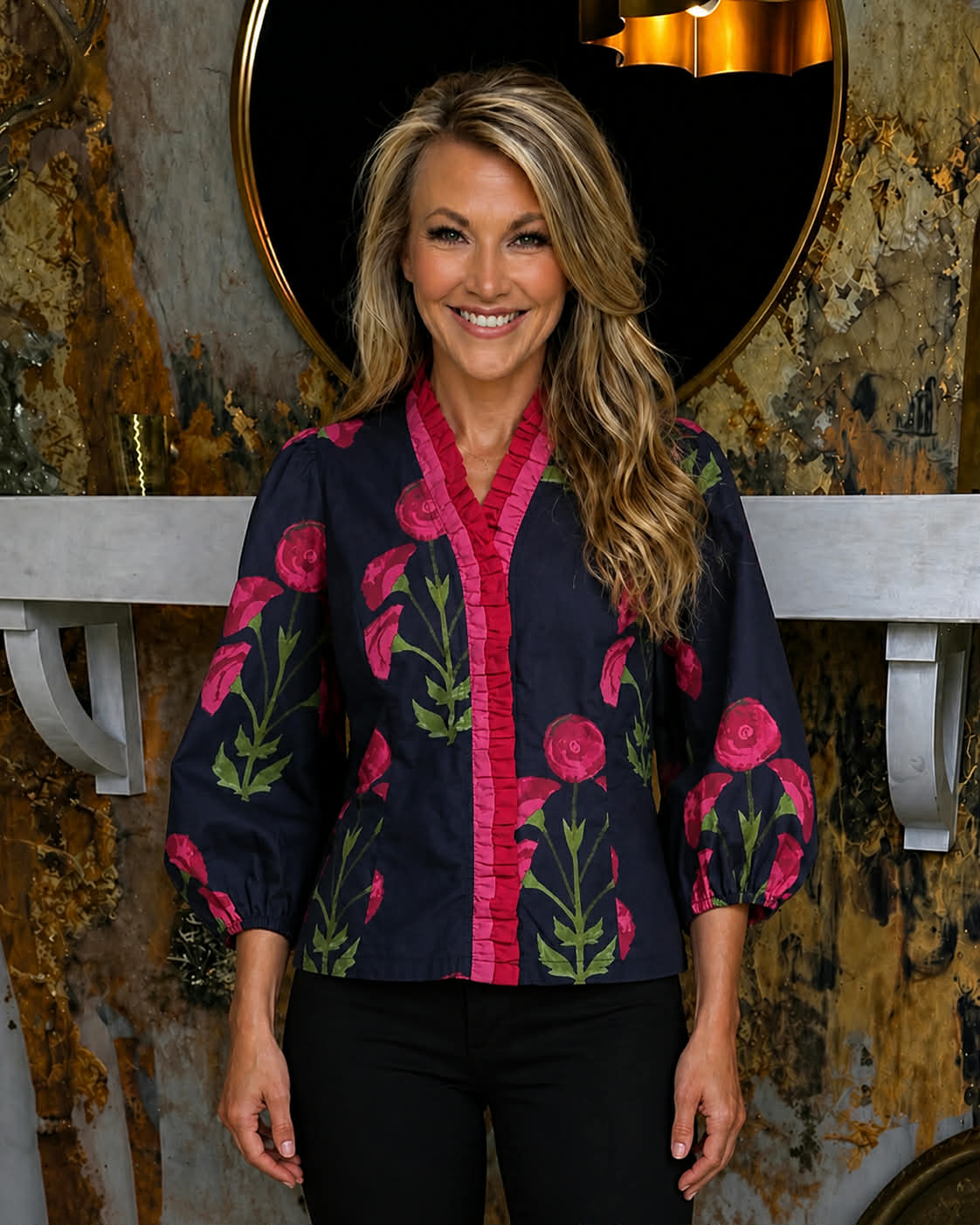 Navy Mix Floral Print Ruffle Top