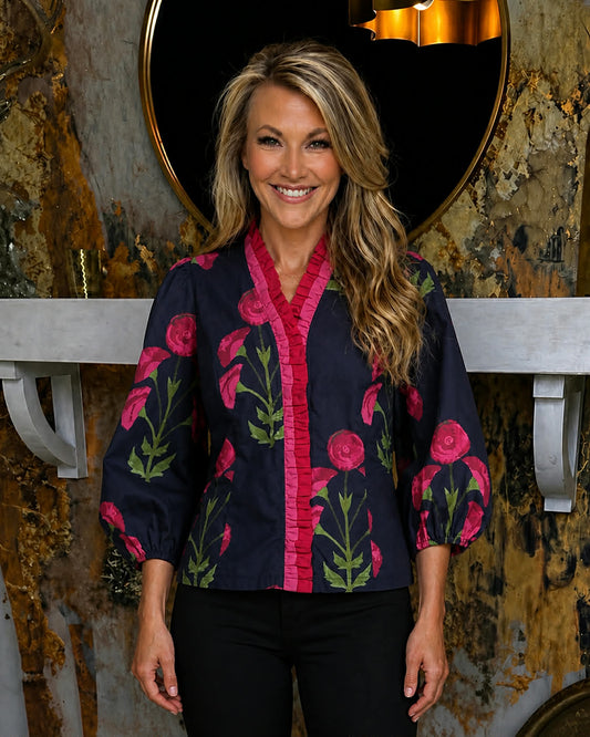 Navy Mix Floral Print Ruffle Top