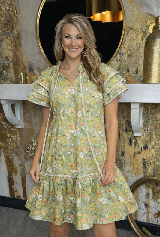 Sage Floral Ruffle Sleeve Babydoll Dress