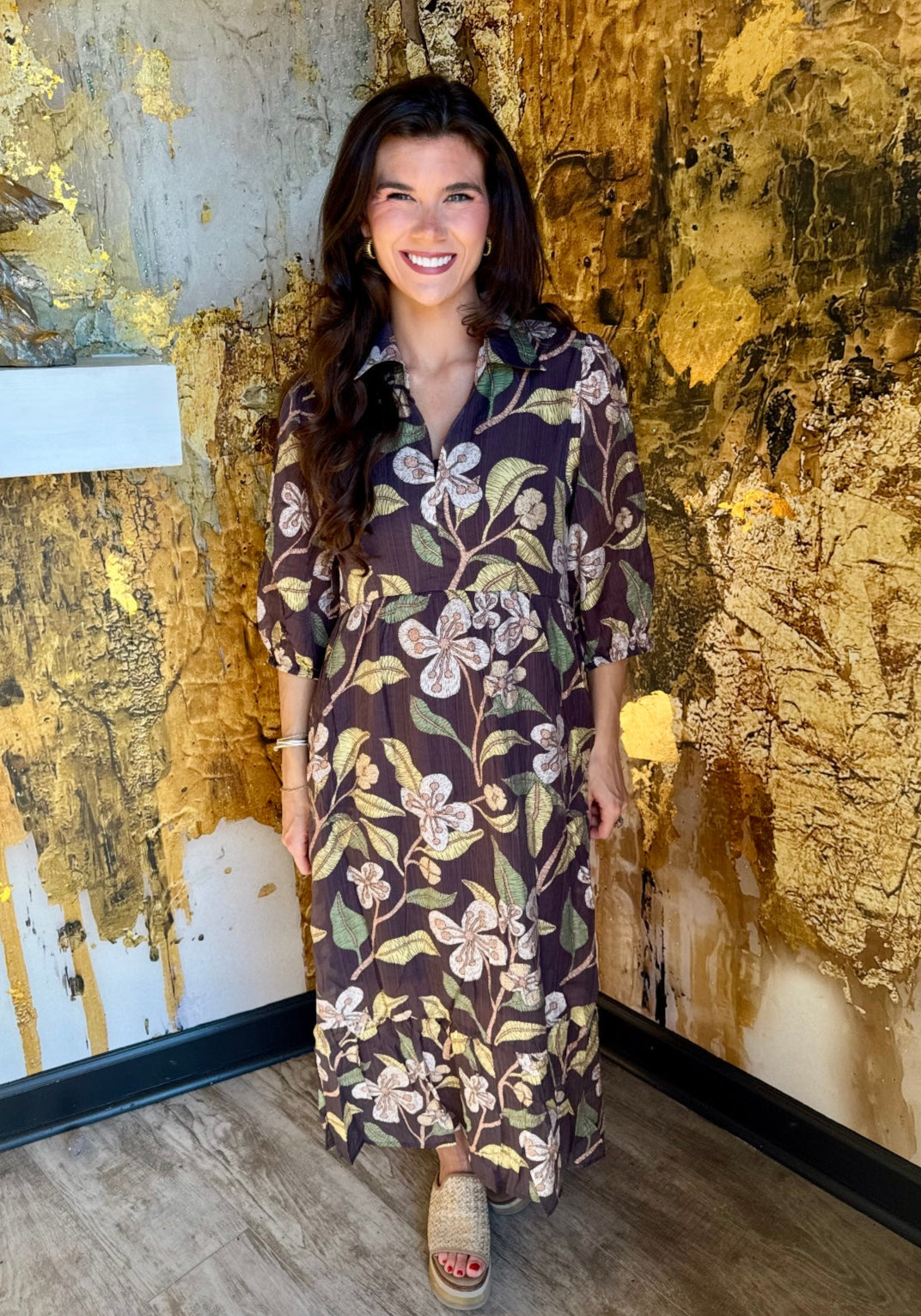 Brown Mixed Floral Print Tiered Midi Dress