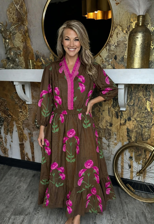 Brown Mix Floral Midi Dress with Ruffle Trim and Elastic Waist