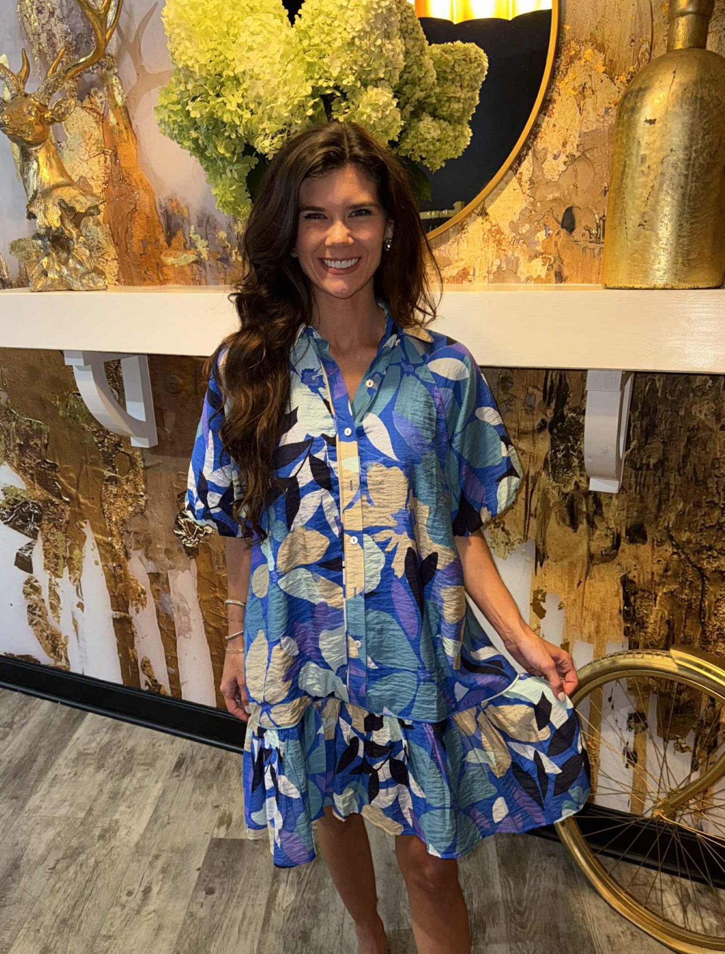 Blue Floral Print Short Sleeve Shirt Style Mini Dress