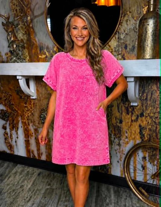 Hot Pink Coral Premium Cotton Washed T-shirts Dress