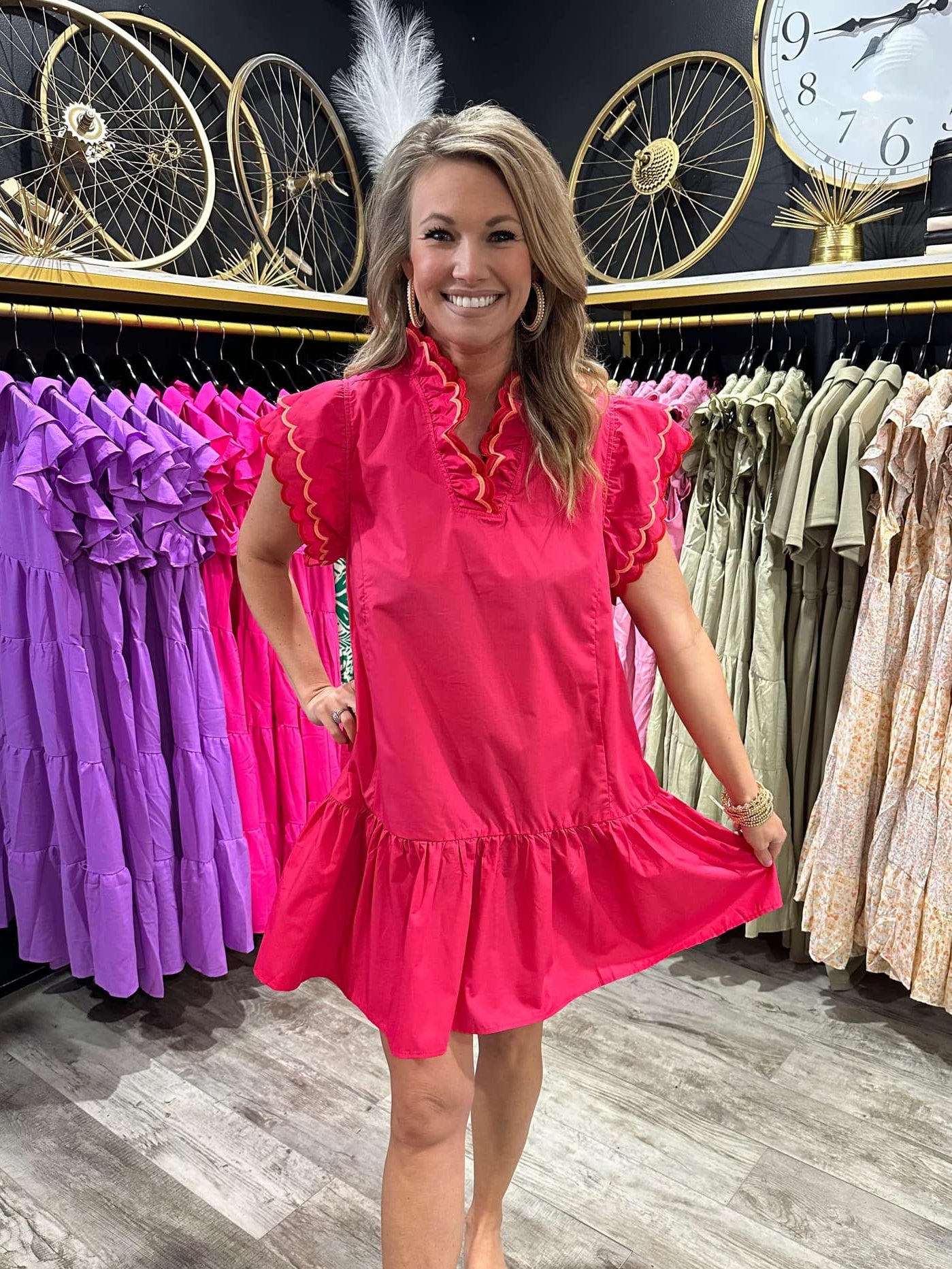 Fushia Ruffled Scalloped Sleeved Dress